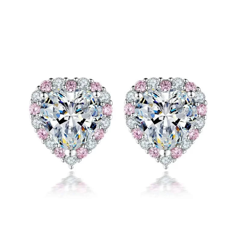 Heart Moissanite Earrings with Pink Moissanite Studs