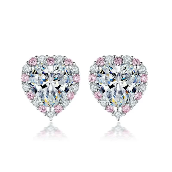 Heart Moissanite Earrings with Pink Moissanite Studs